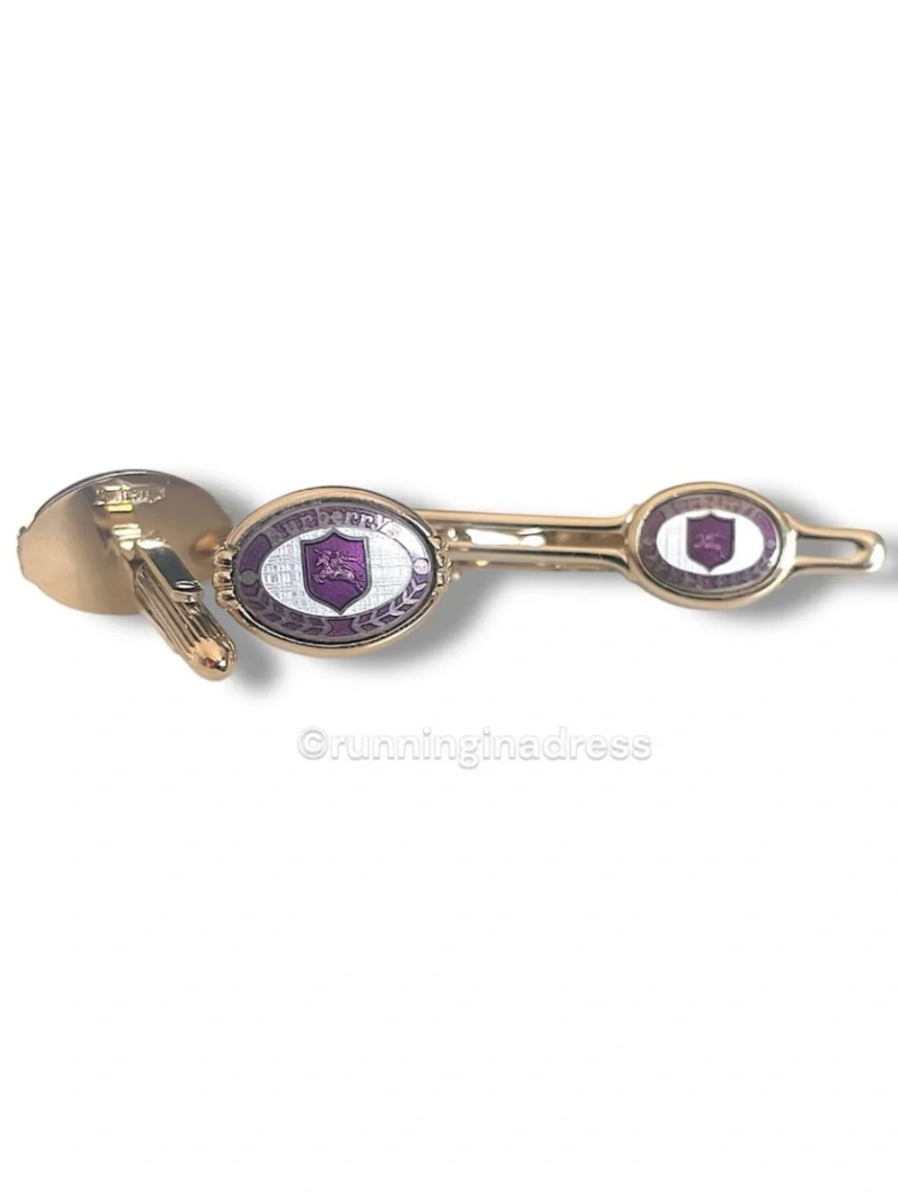 VTG Burberrys Gold Purple Nova Check Equestrian Knight Enamel Cufflink Bar Set